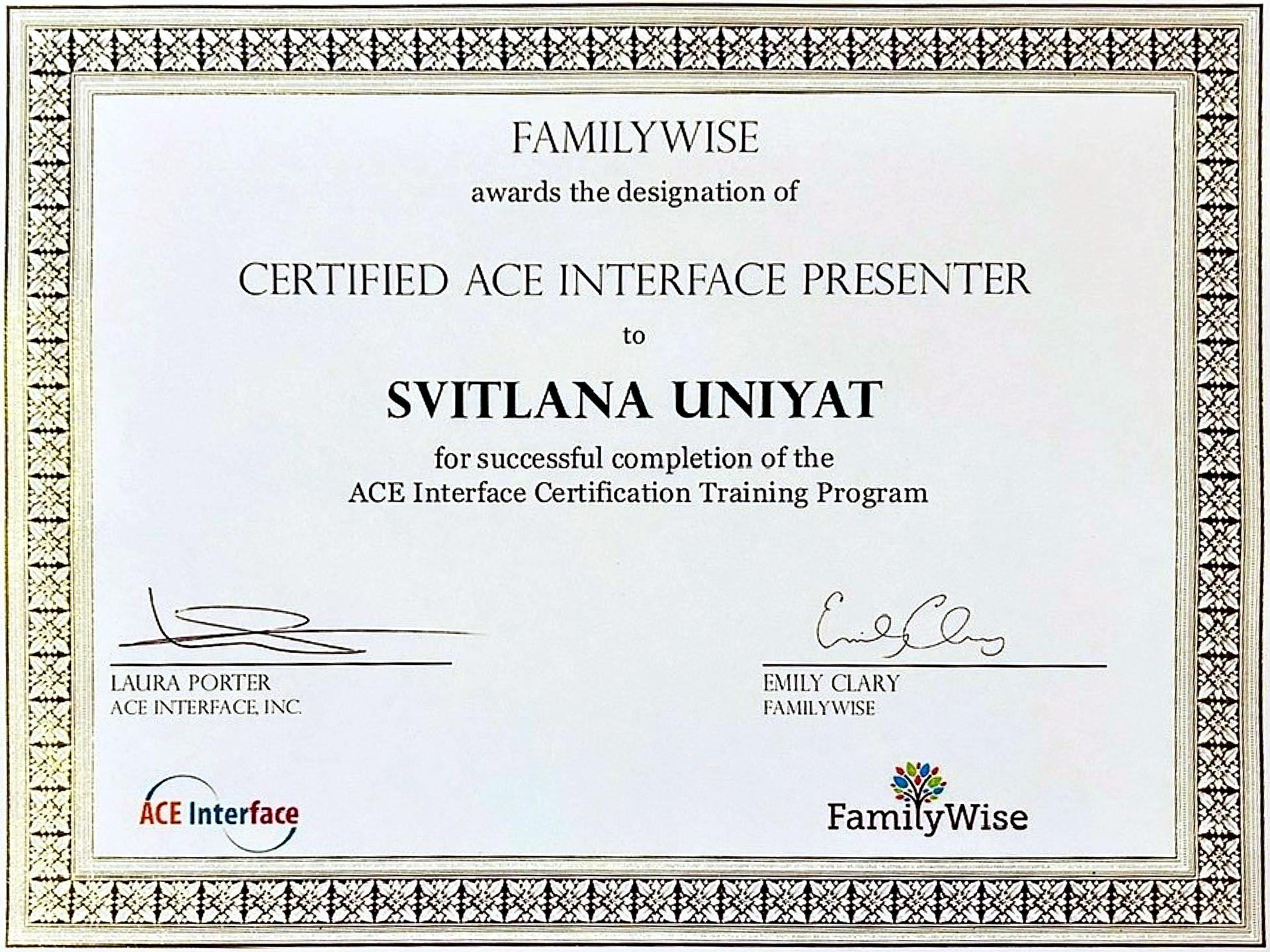 Certified ACE Interface Presenter — Svitlana Uniyat