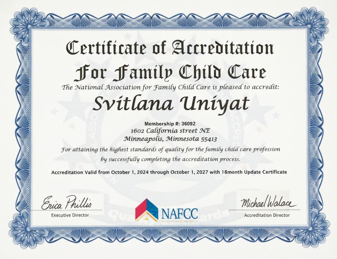 NAFCC Accreditation Certificate — Sunshine Family Childcare
